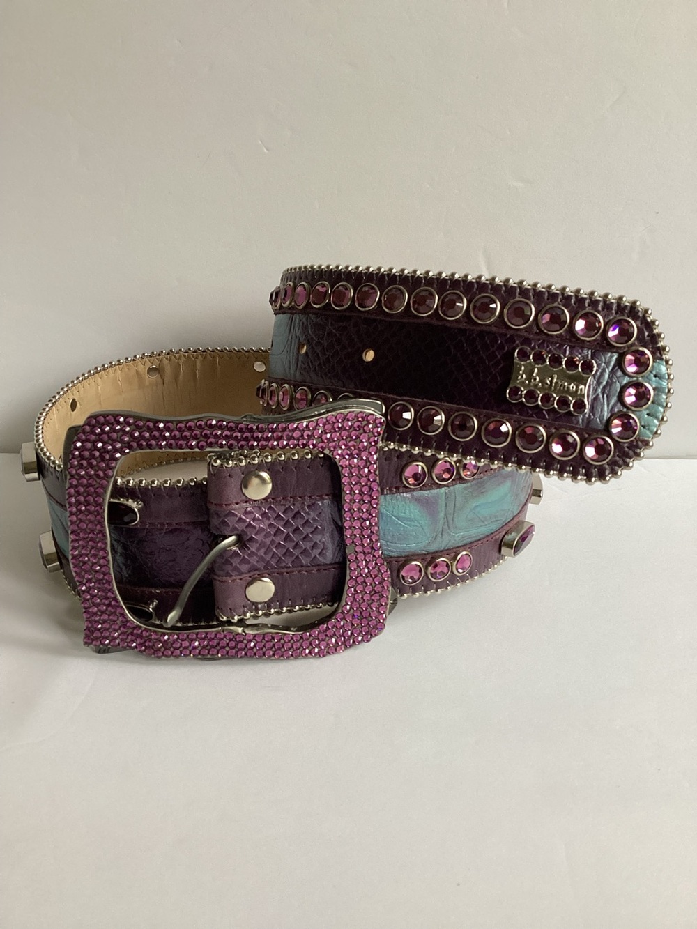 B.B.Simon Crystal Rhinestone Leather Belt Pink Purple Y2K Western Bling Glam